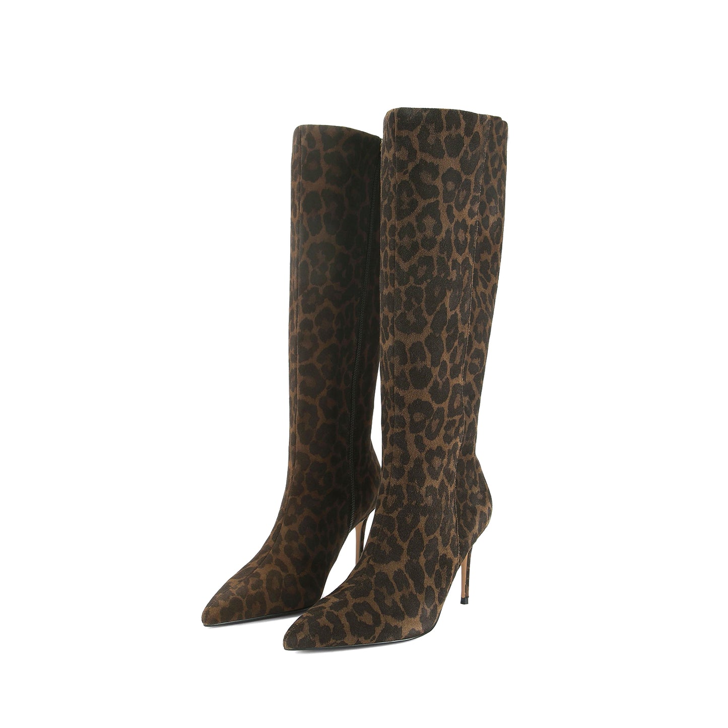 Leopard Print Pointed-Toe Stylish Simple Full-Zip Knee High Stiletto Boots
