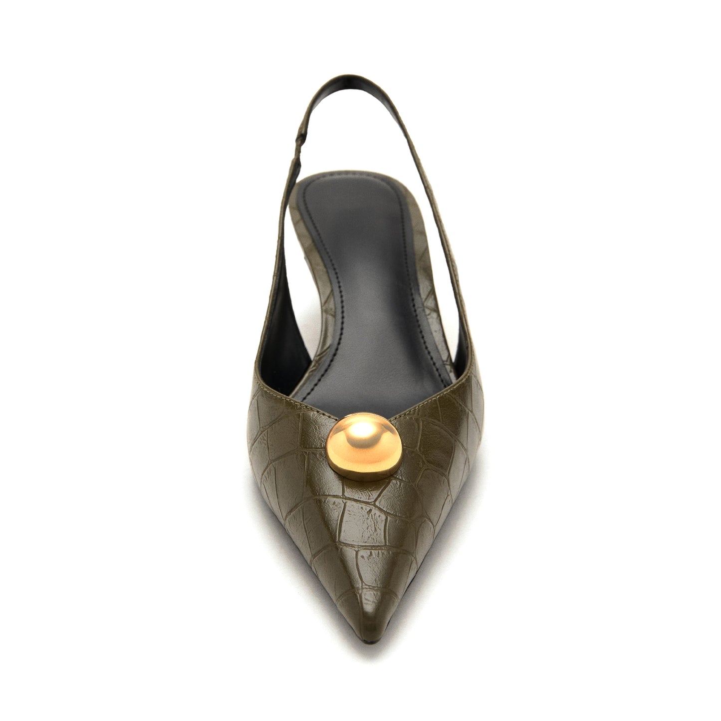 Khaki Bamboo Pattern Pointed-Toe Front Gold Metal And Slingback Kitten Heels