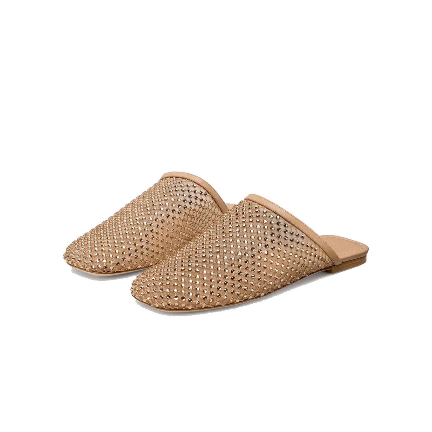 Beige Mesh With Rhinestones Square-Toe Backless Flats