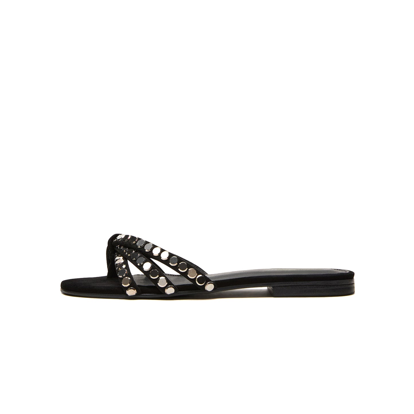 Black Faux Suede Square-Toe Front Strappy With Rhinestones Backless Flats