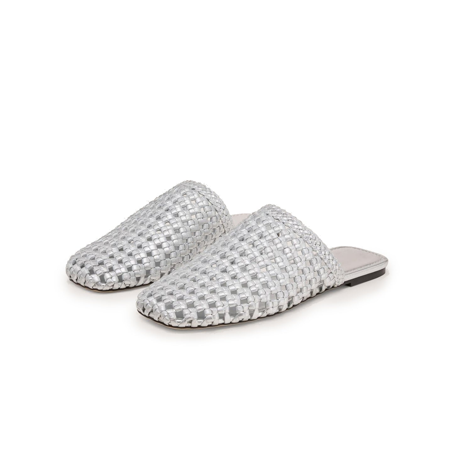 Metallic Silver Woven Vegan Leather Square-Toe Backless Chic Flats