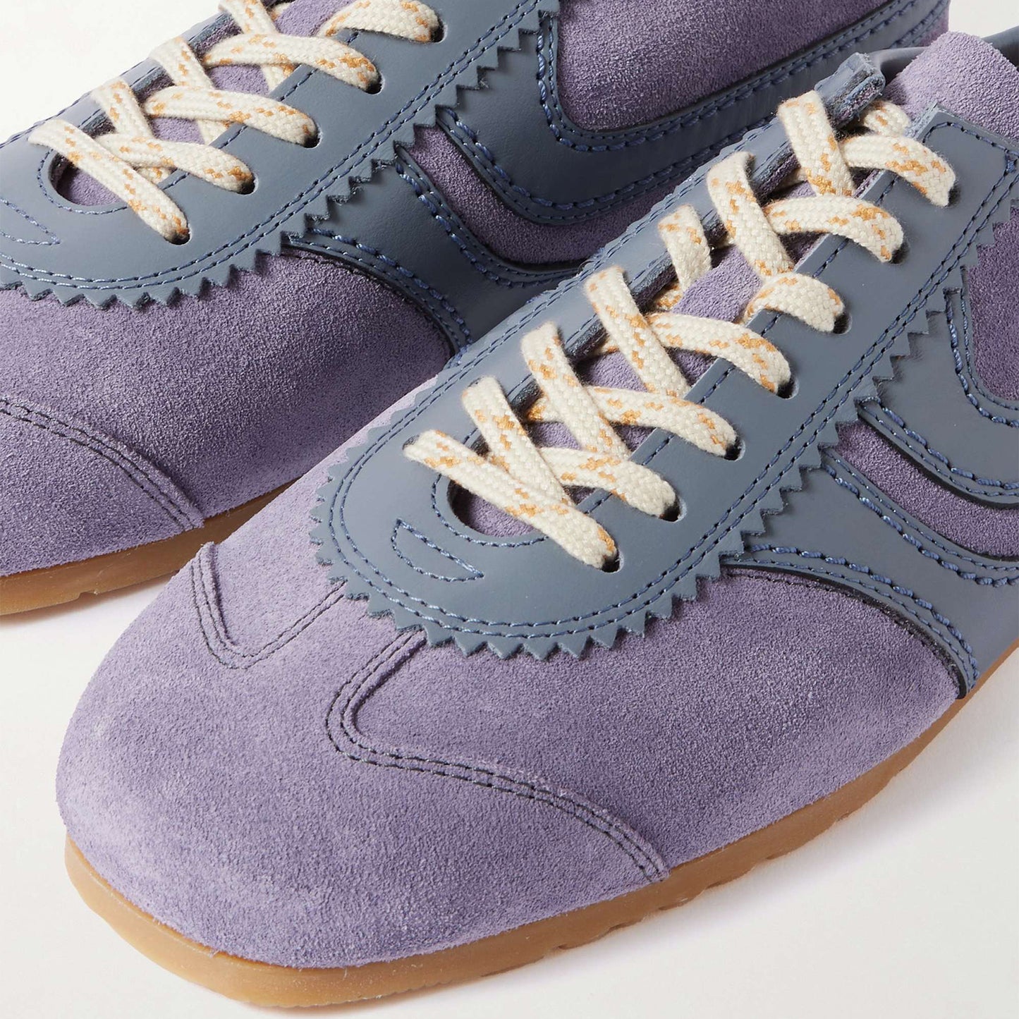 Lilac Contrast Faux Suede And Vegan Leather Square-Toe Lace-Up Sneakers Flats