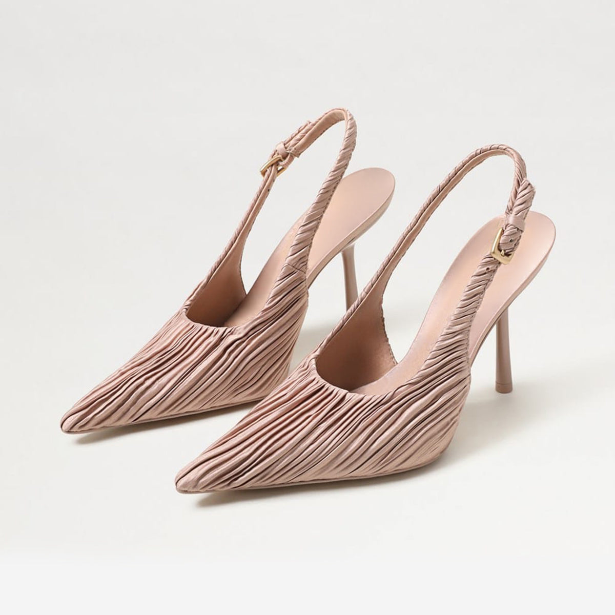 Champagne Striped Satin Pointed-Toe Back Strap Chic High Heels Pumps