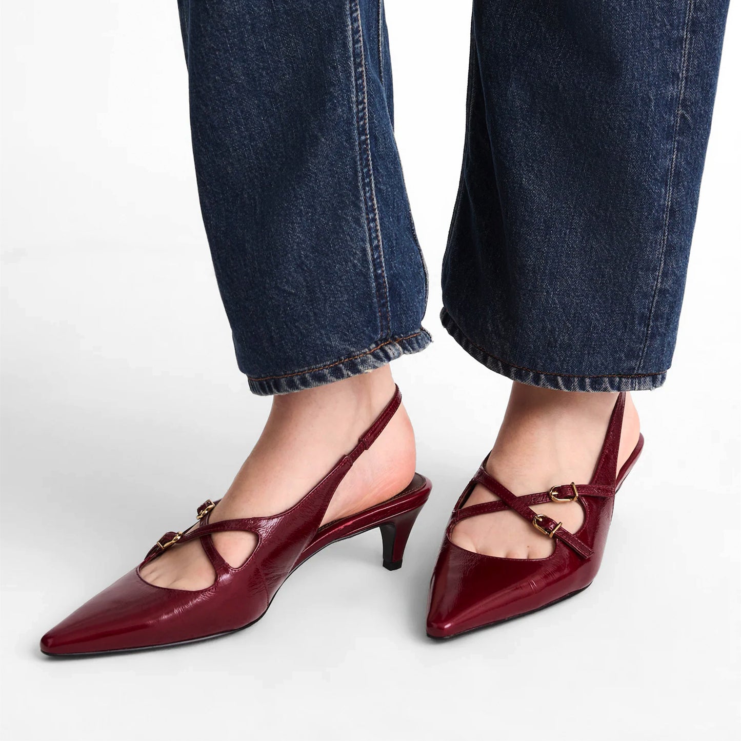 Patent Burgundy Pointed-Toe Cross Straps Slingback Kitten Heels