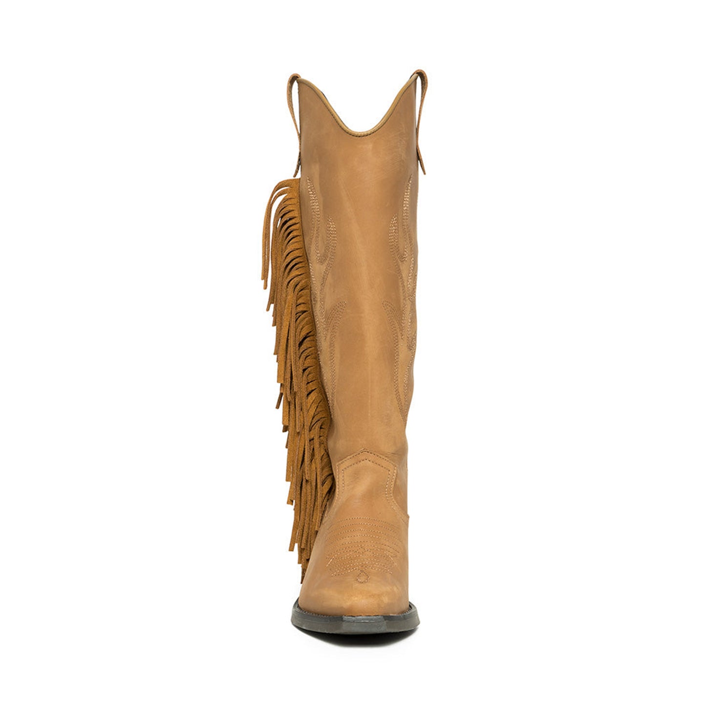 Tan Almond-Toe Faux Suede Fringe Half-Zip Embroidery Knee High Cowgirl Boots