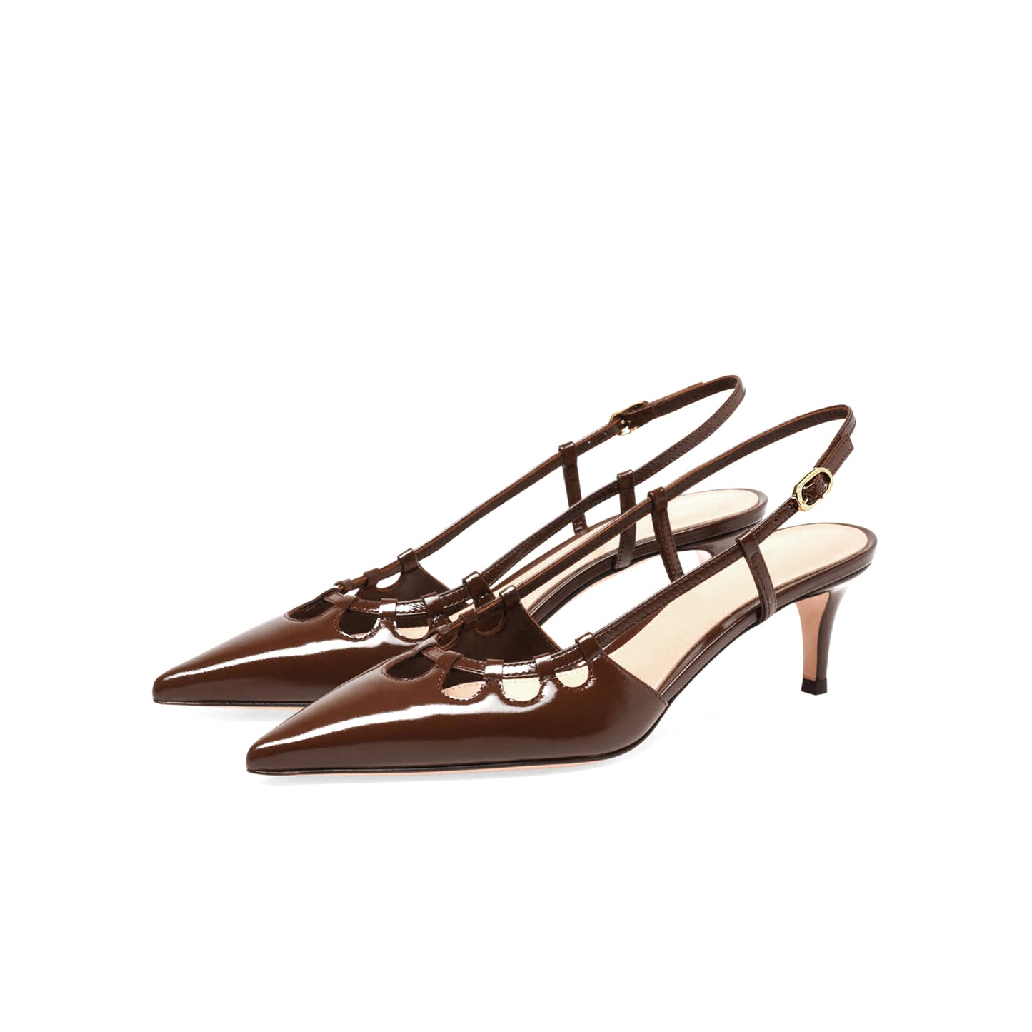 Patent Brown Pointed-Toe Buckle Slingback Kitten Heels