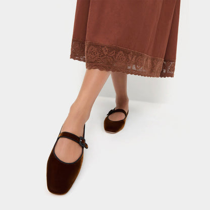 Dark Brown Velvet Square-Toe Bridge Strap Ballet Flats