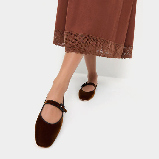 Dark Brown Velvet Square-Toe Bridge Strap Ballet Flats