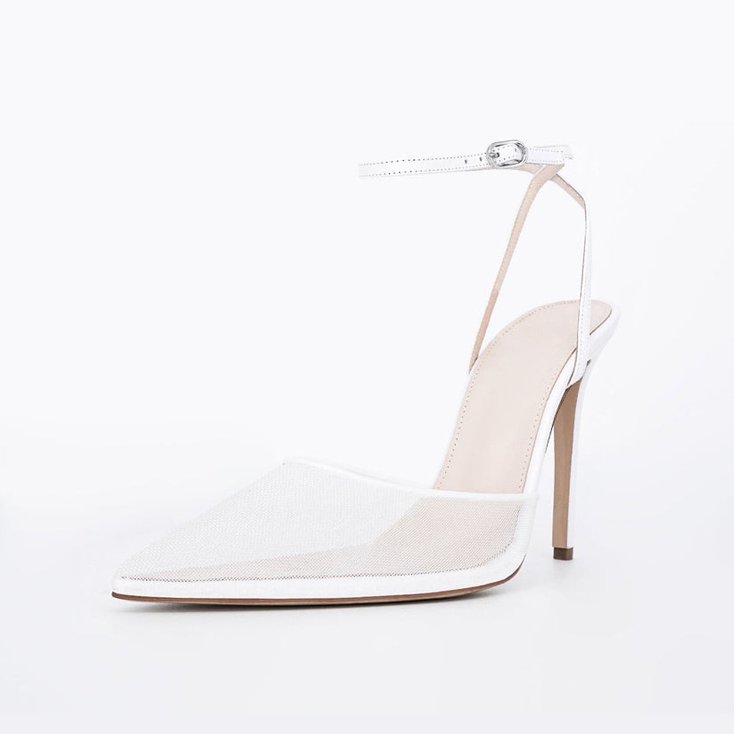 White Mesh And Vegan Leather Pointed-Toe Ankle Strap Classic High Heels