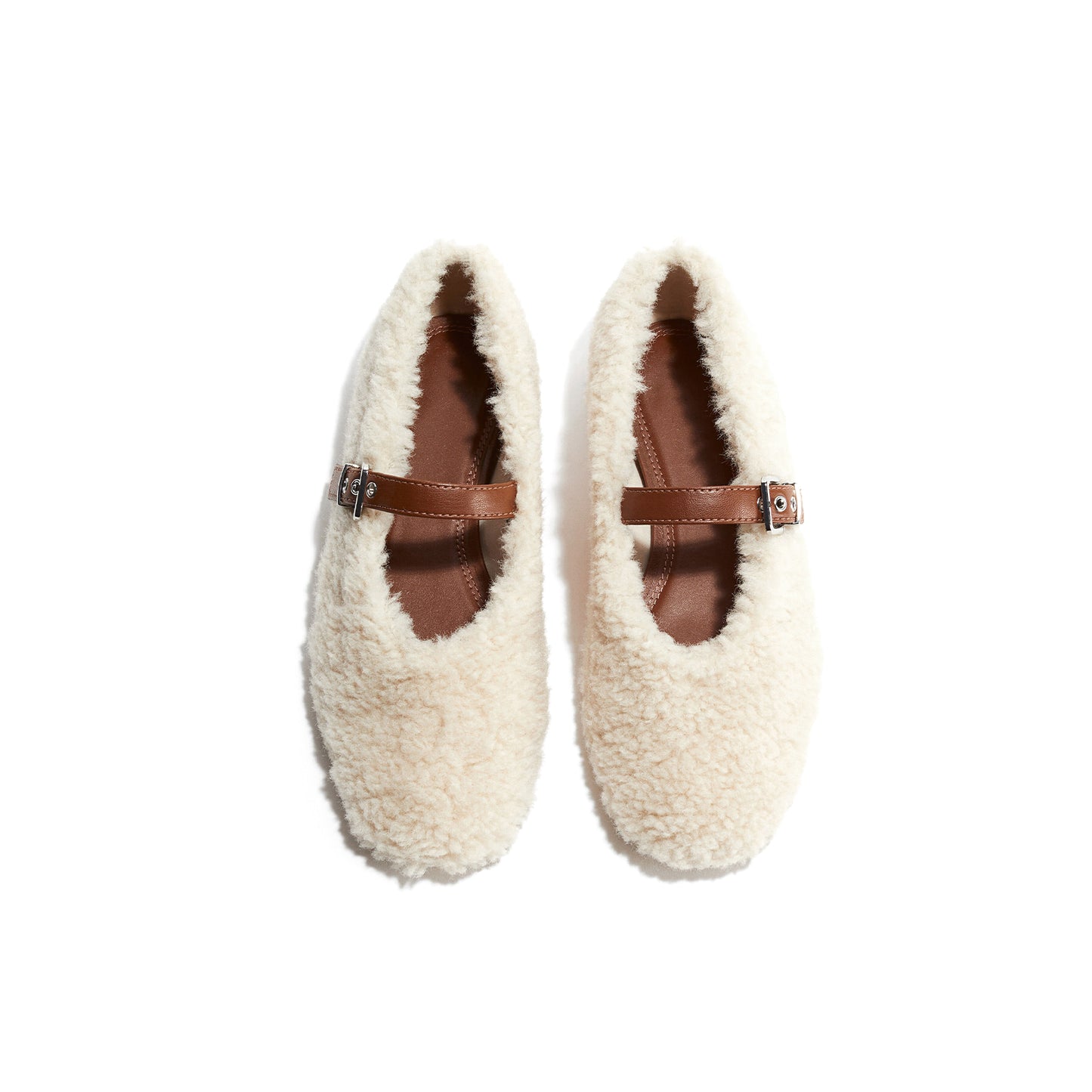 Cream Plush Round-Toe Bridge Strap Flats