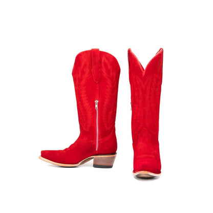 Red Faux Suede Snip-Toe Half-Zip Embroidery Mid Calf Cowgirl Boots