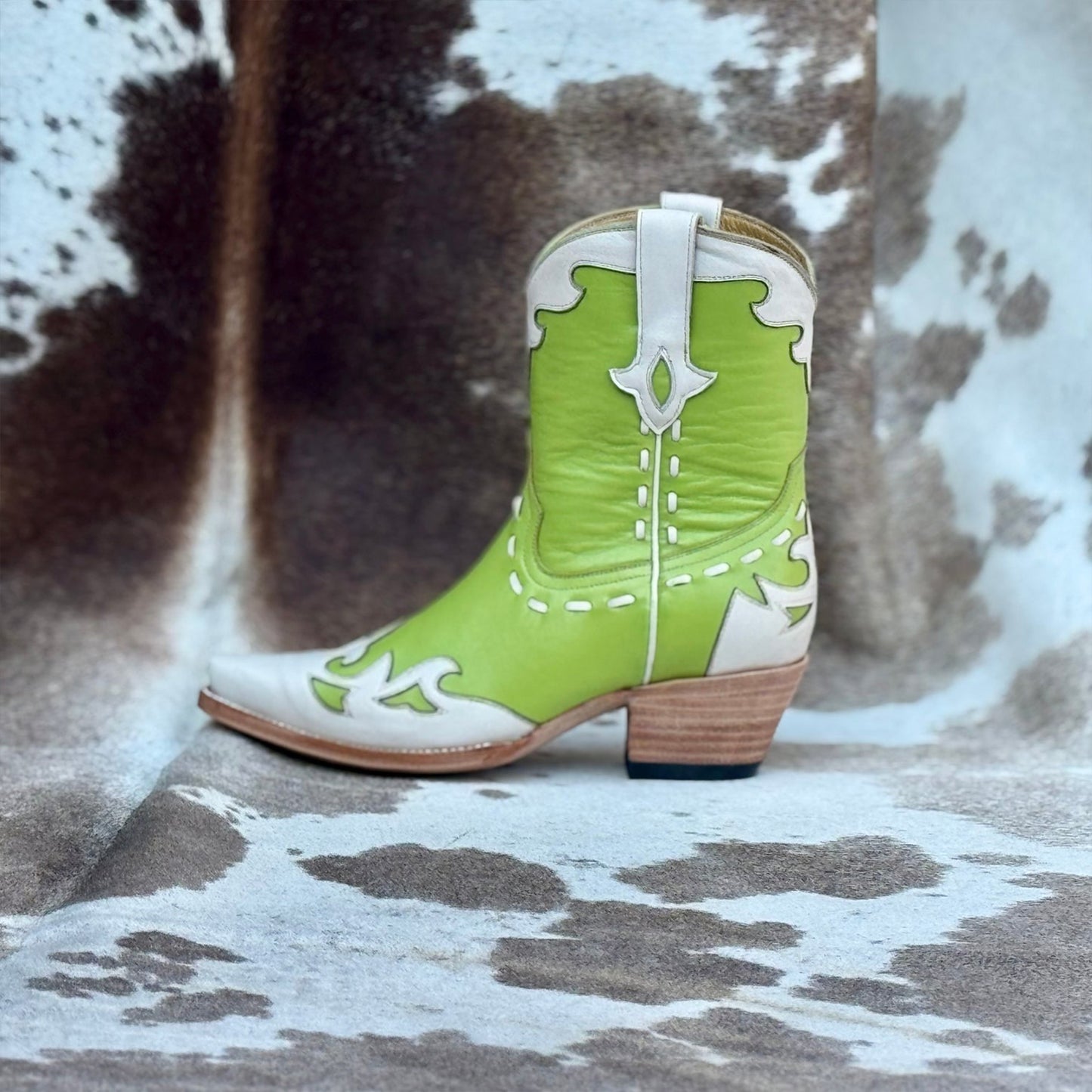 Contrast Lime And White Snip-Toe Running Stitch Ankle Cowgirl Boots
