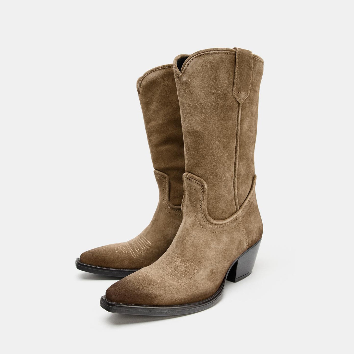 Taupe Faux Suede Snip-Toe Sleek Mid Calf Chic Cowgirl Boots