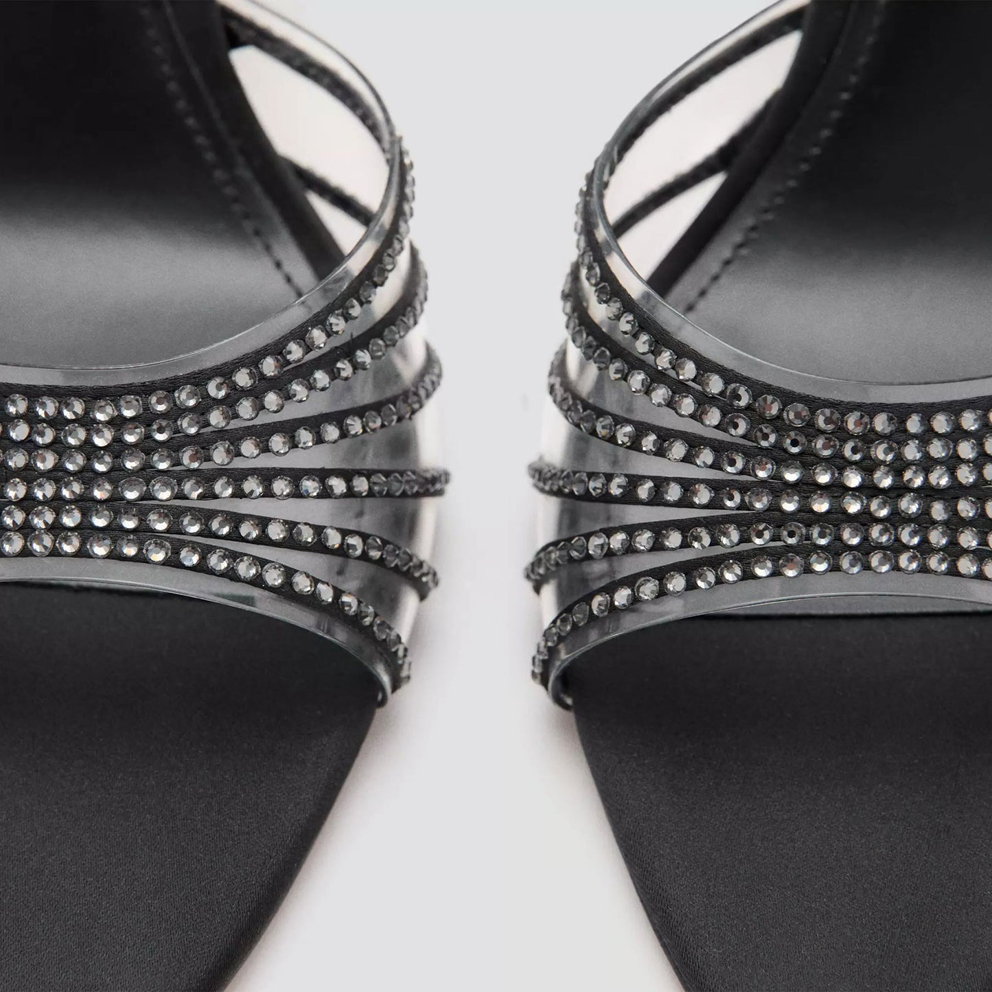 Black Satin Open Pointed-Toe PVC Transparent Film With Strap Backless High Heels