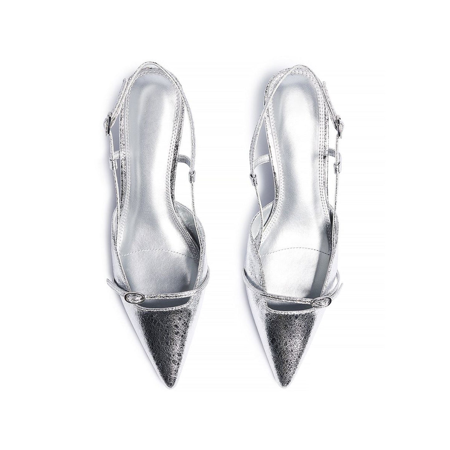 Metallic Silver Pointed-Toe Strappy Slingback Kitten Heels Pumps