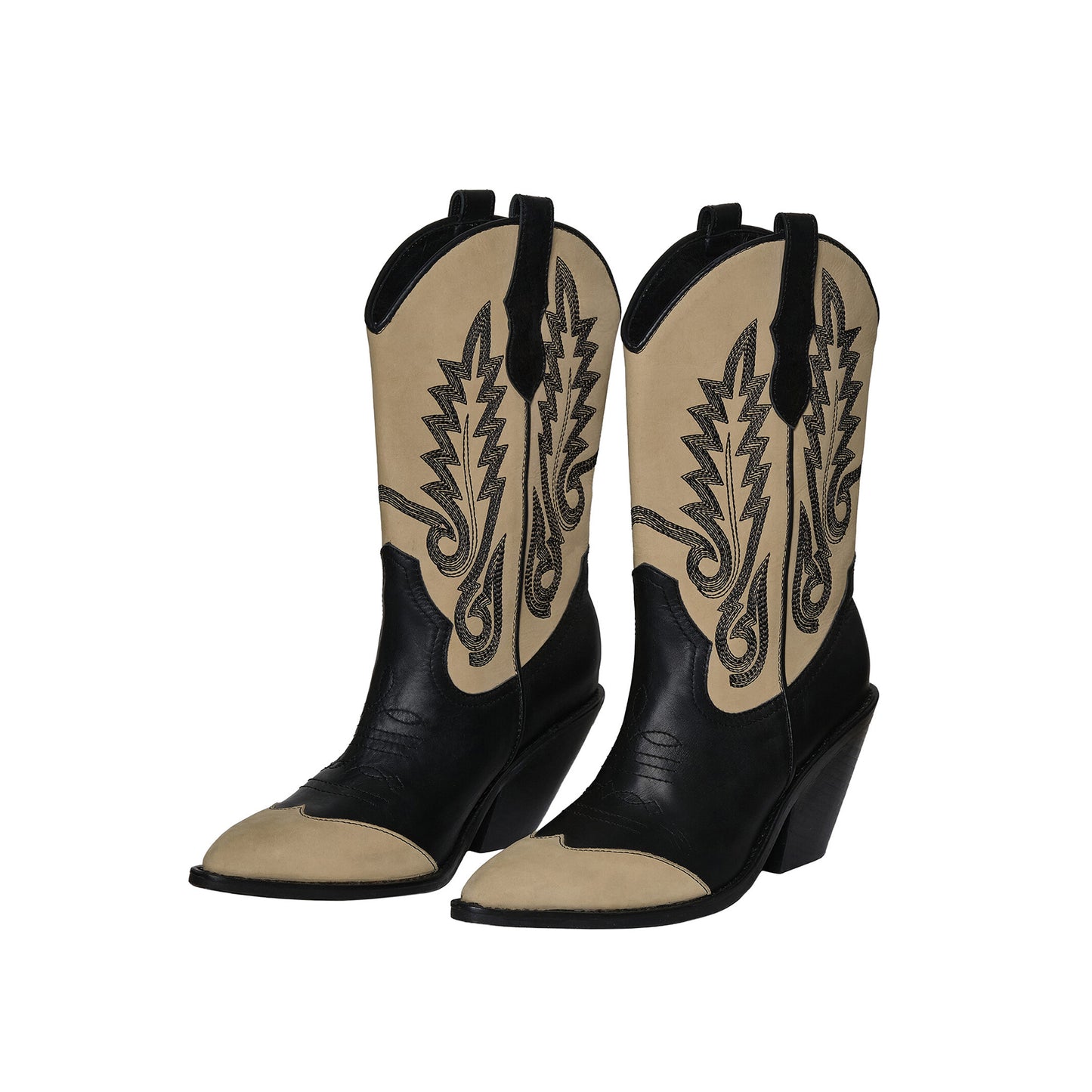 Contrast Black And Beige Round-Toe Embroidery Mid Calf Cowgirl Boots