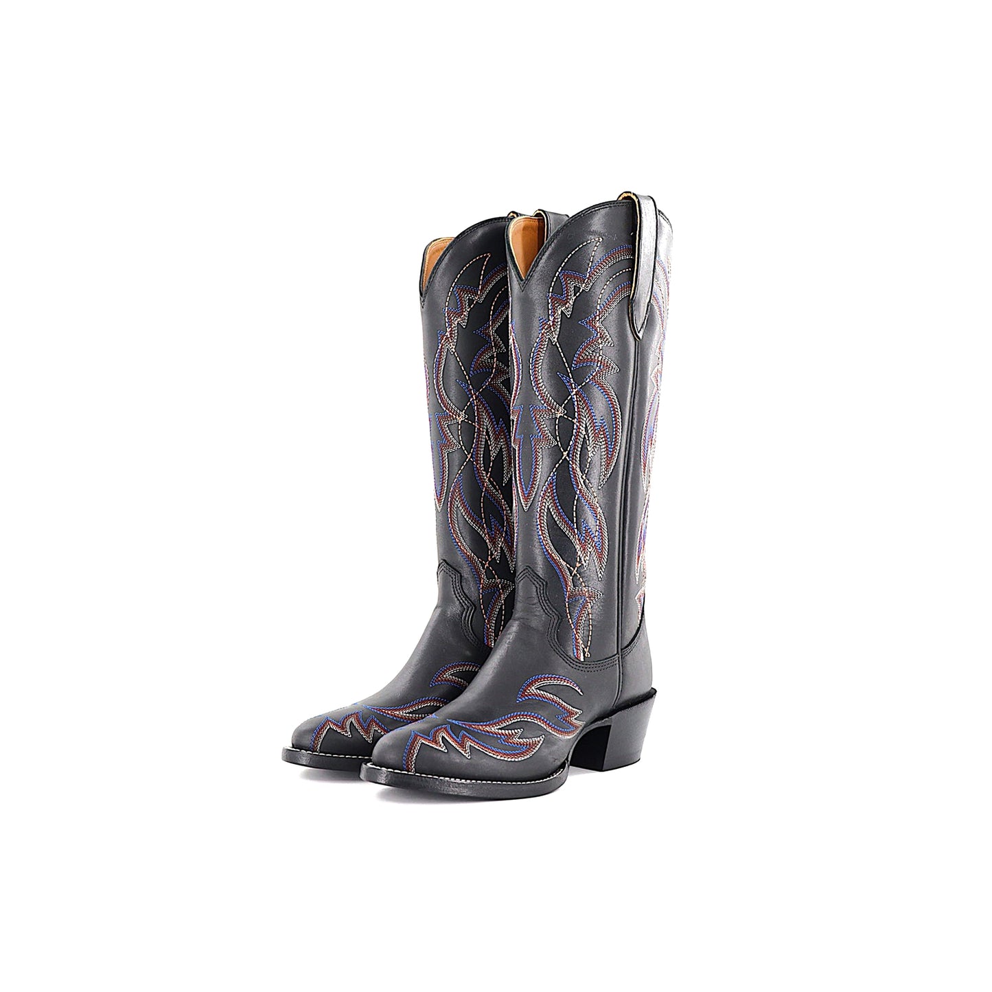 Black Round-Toe Embroidery Wide Calf Knee High Tall Cowgirl Boots