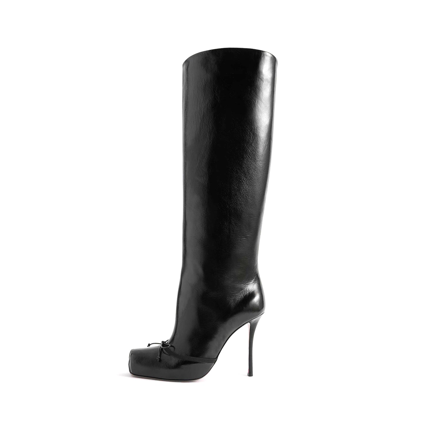 Black Square-Toe Front Bow Wide Calf Knee High Stiletto Boots