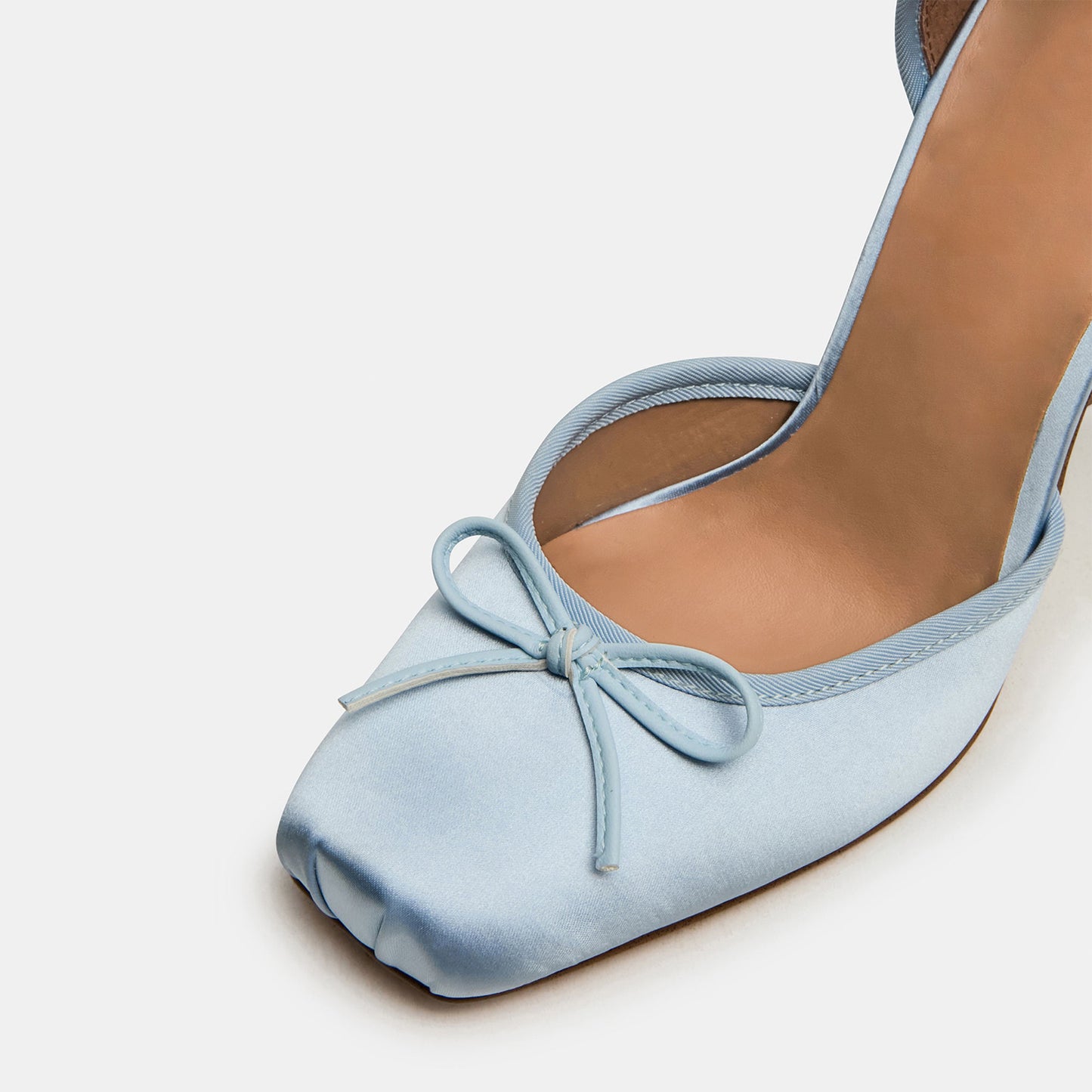 Blue Satin Square-Toe Front Bow Ankle Strap Slip-On High Heels