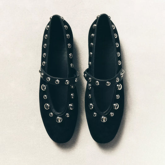 Black Faux Suede Round-Toe Studded Ballet Flats With Bridge Strap