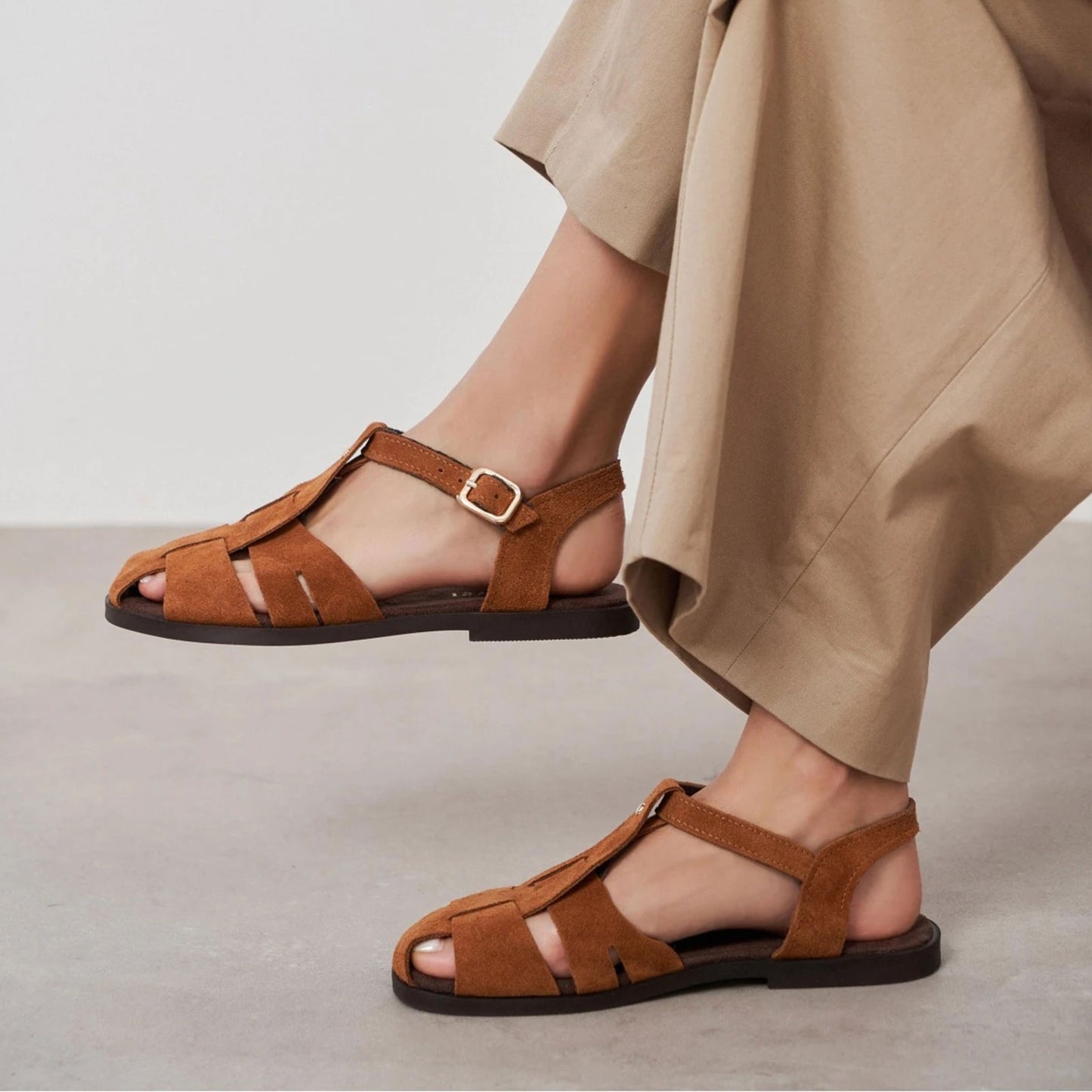 Brown Cow Suede Round-Toe Caged Detail Buckle Sandals Flats