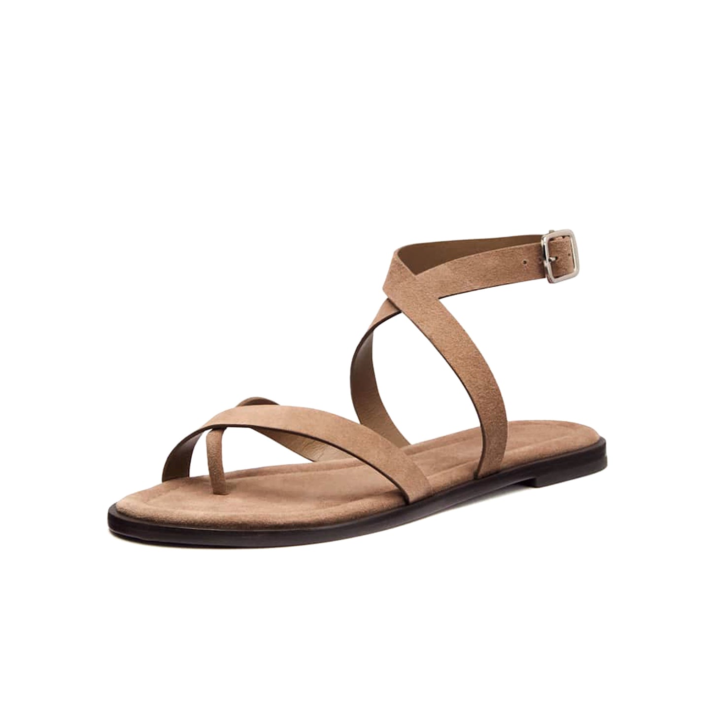 Brown Faux Suede Round-Toe Front And Ankle Strap Sandals Flats