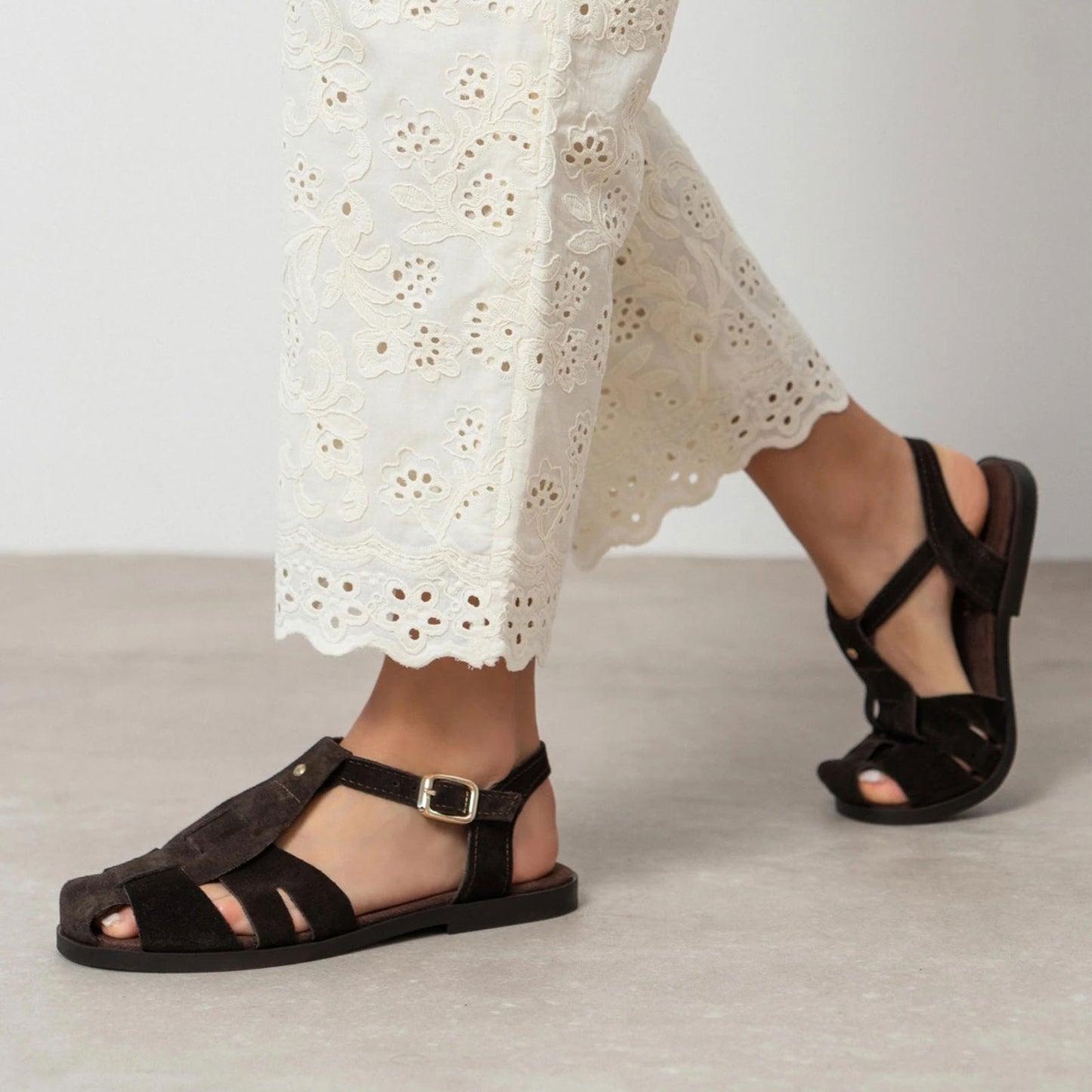 Coffee Cow Suede Round-Toe Caged Detail Buckle Sandals Flats