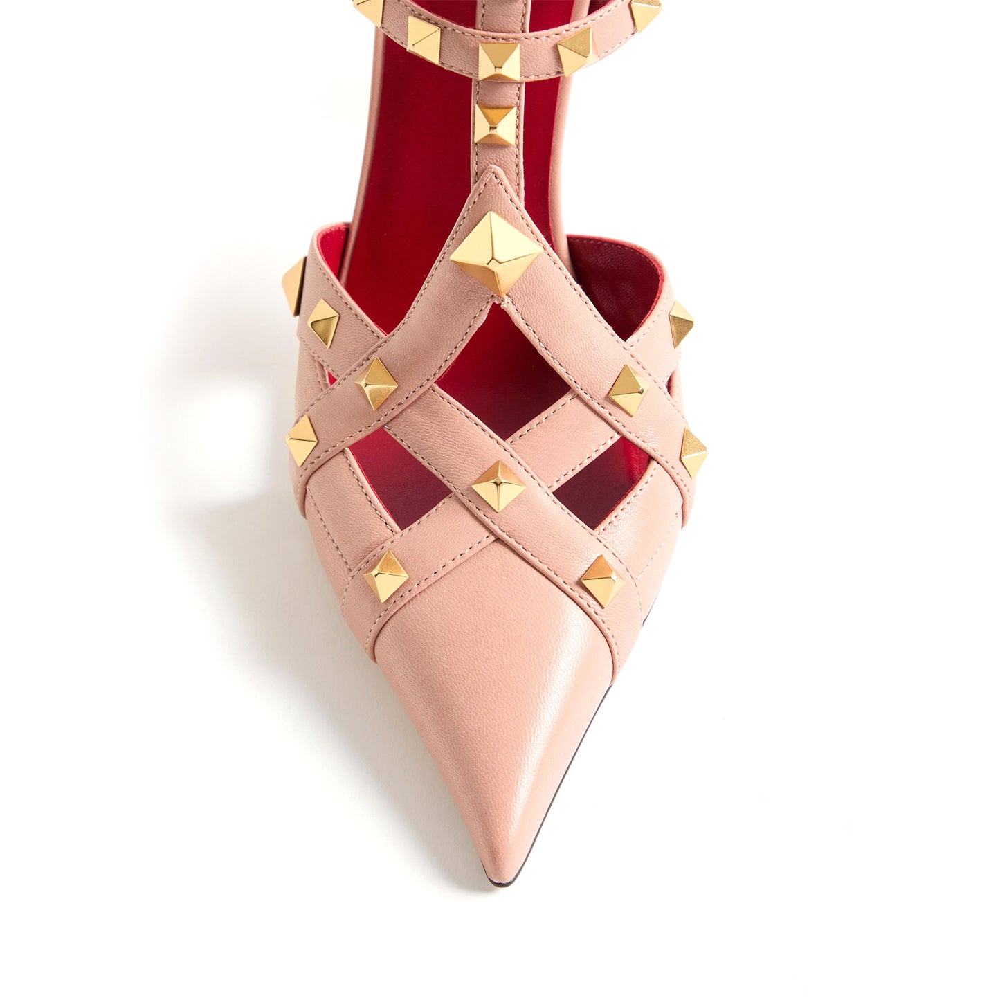 Pink Pointed-Toe Studded Strappy Ankle Strap High Heels