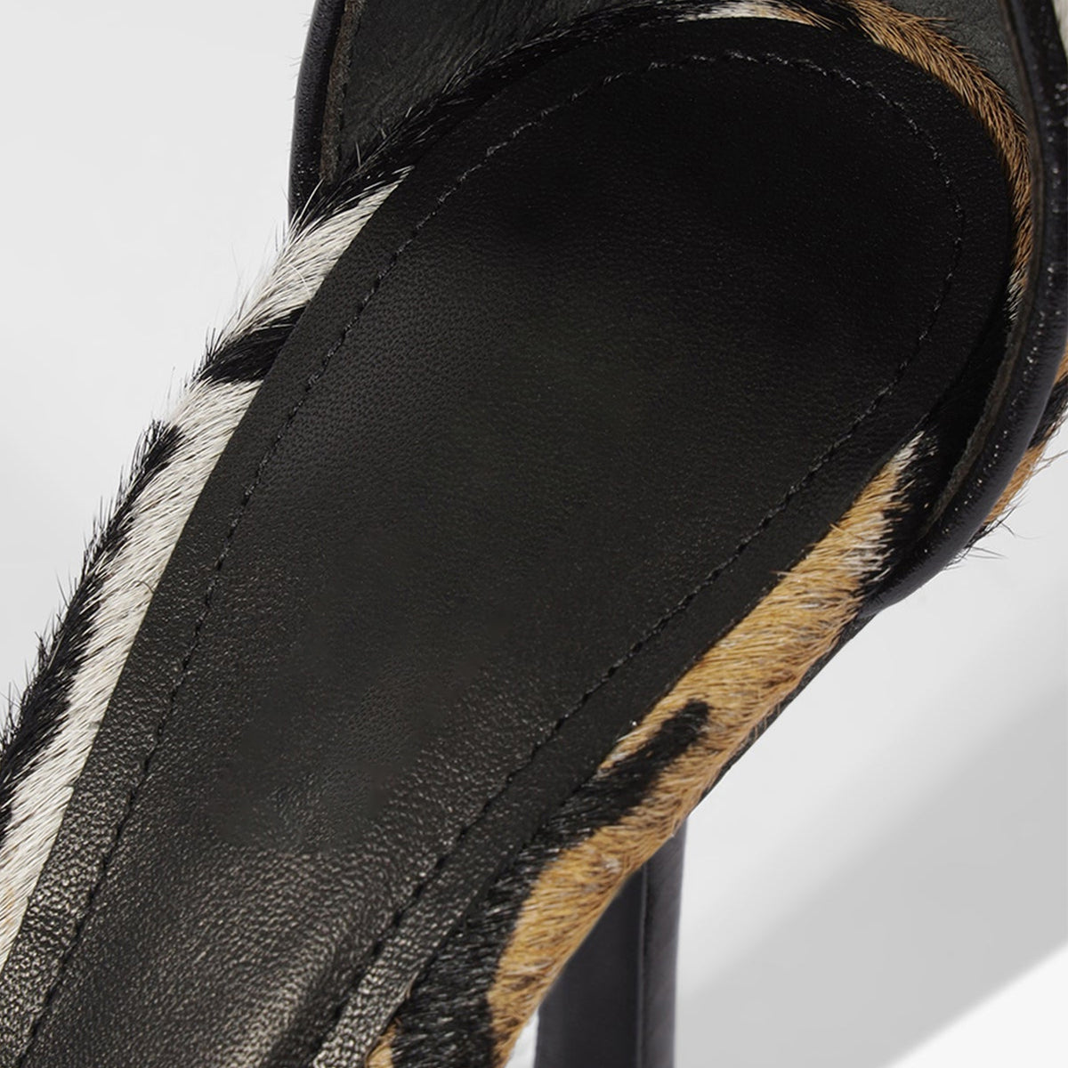 Tiger Pattern Pony Hair Vegan Leather Pointed-Toe Chic Ankle Strap Slip-On High Heels