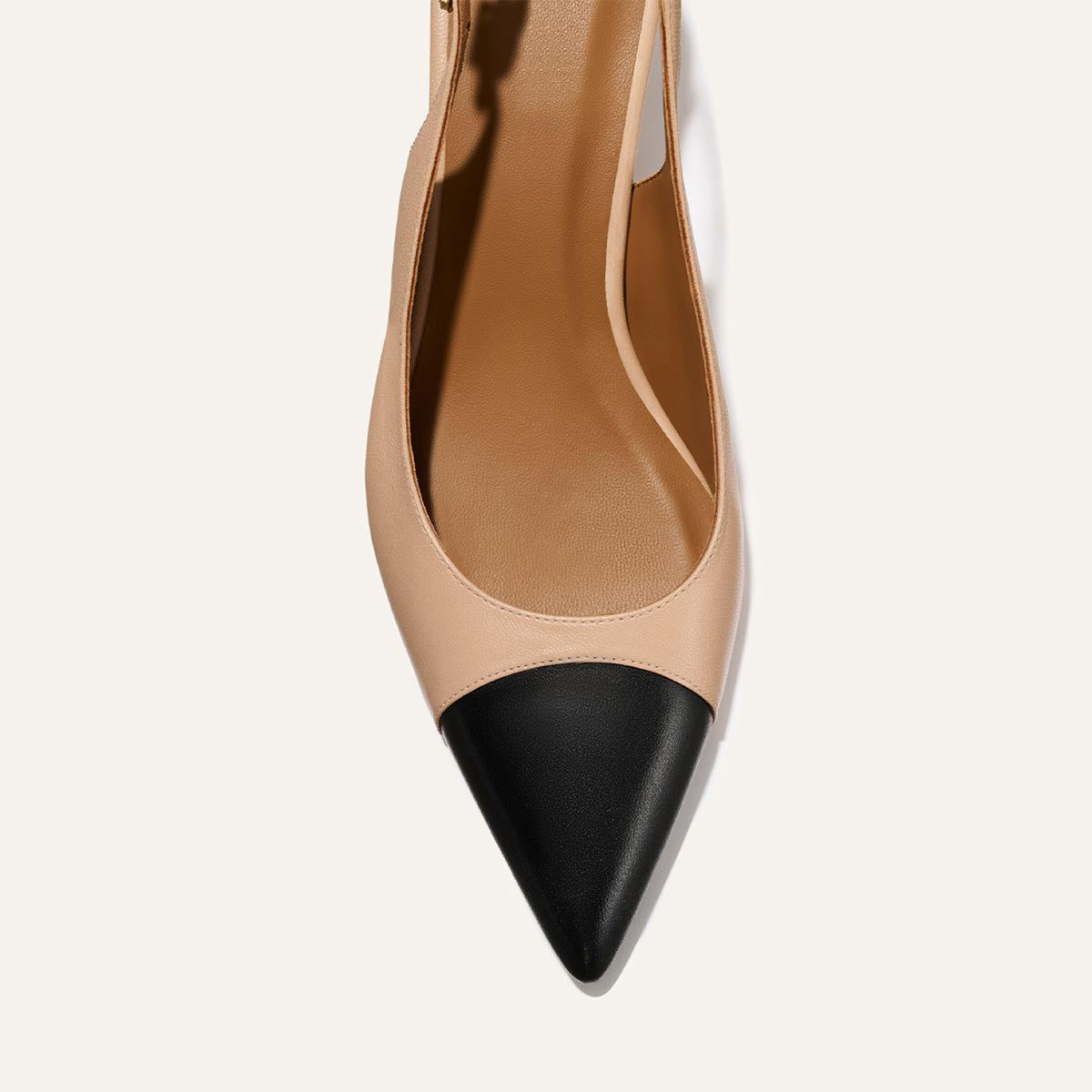 Beige And Black Pointed-Toe Chic Back Strap Kitten Heels