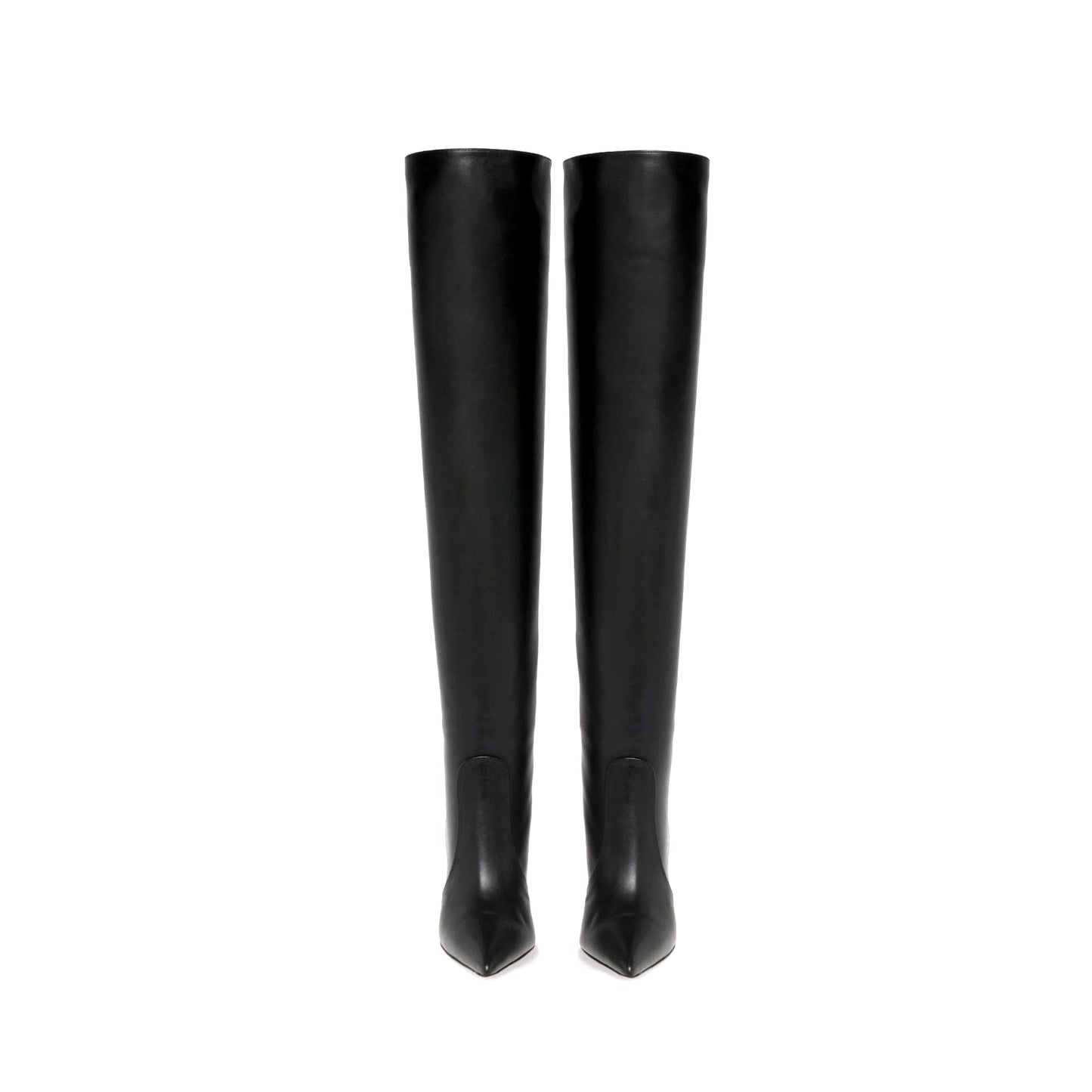 Black Vegan Leather Pointed-Toe Wide Calf Over-The-Knee Stiletto Boots