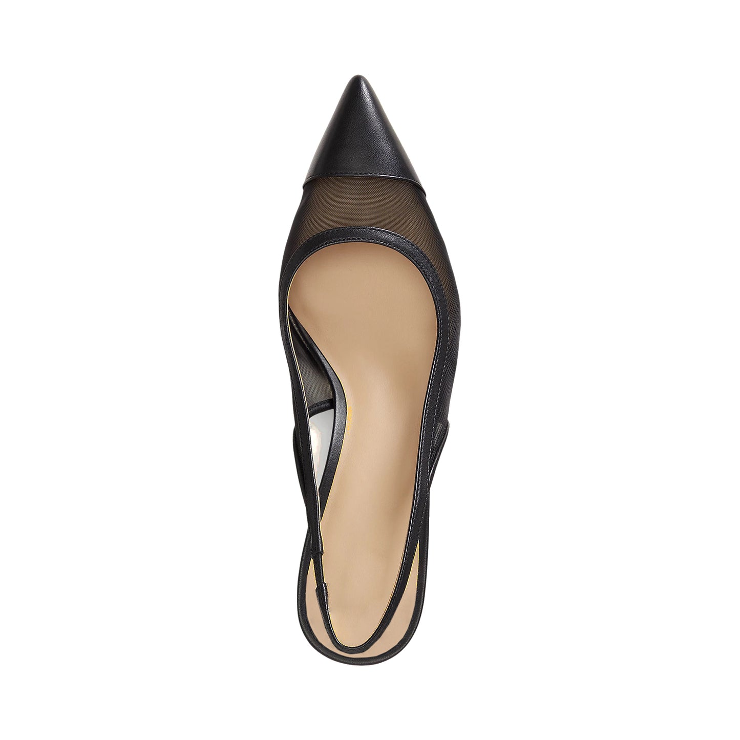 Black Mesh And Vegan Leather Pointed-Toe Back Strap Chic Kitten Heels