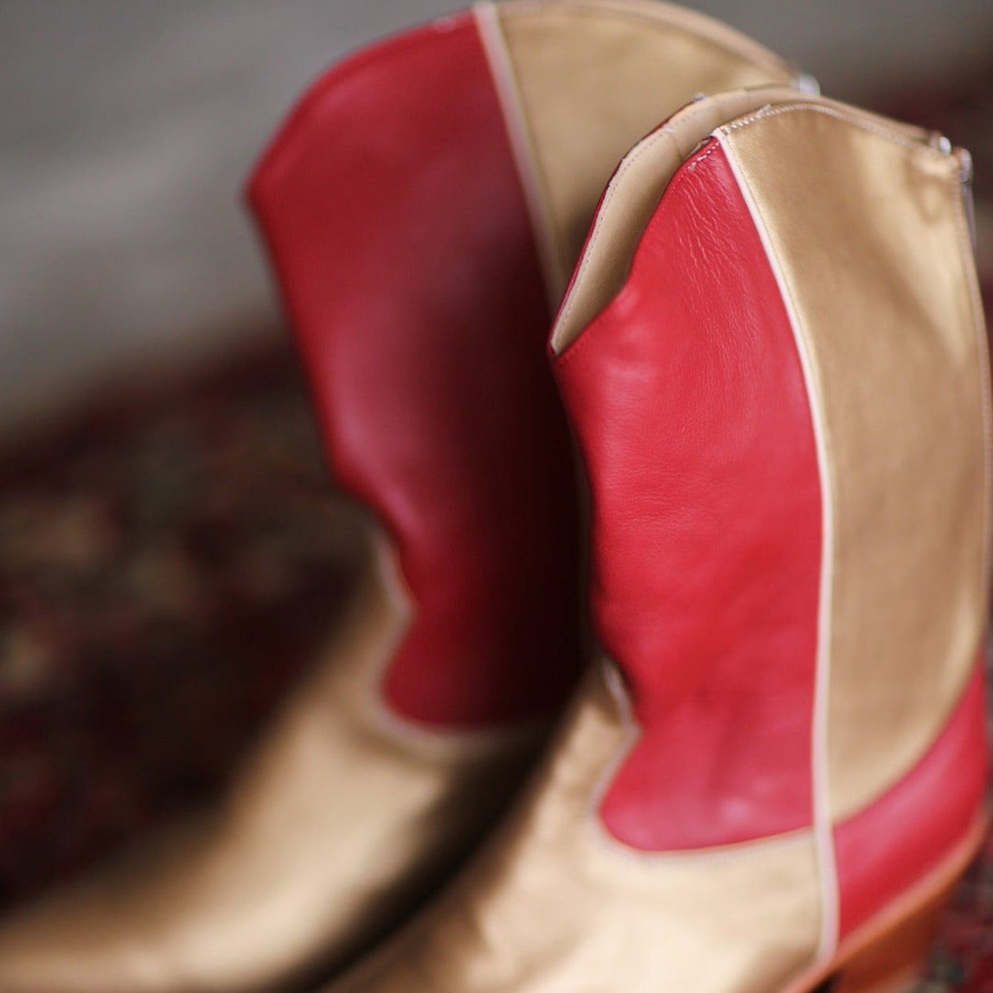 Gold And Red Almond-Toe Simple Back Full-Zip Mid Calf Cowgirl Boots