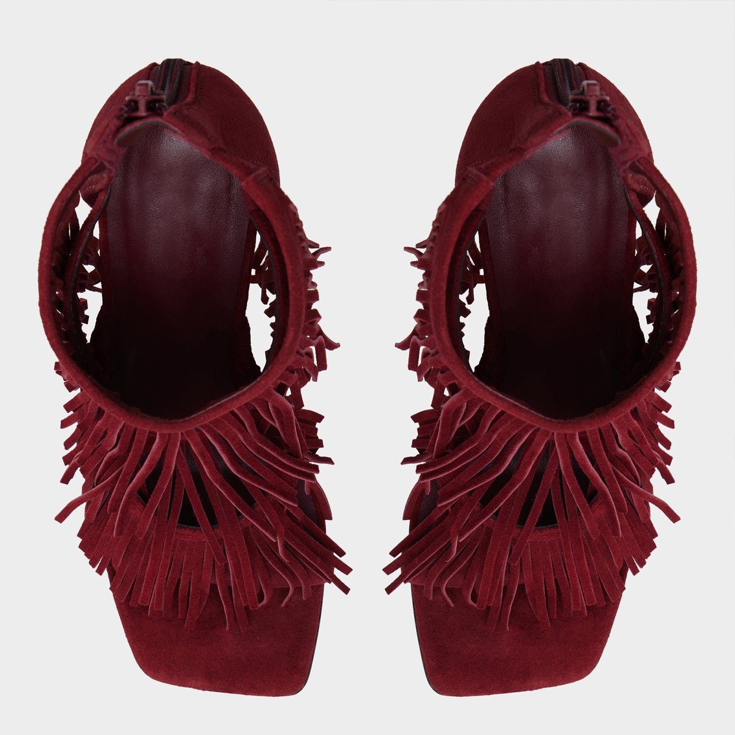 Burgundy Faux Suede Square-Toe Fringe And Strappy Back-Zip High Heels