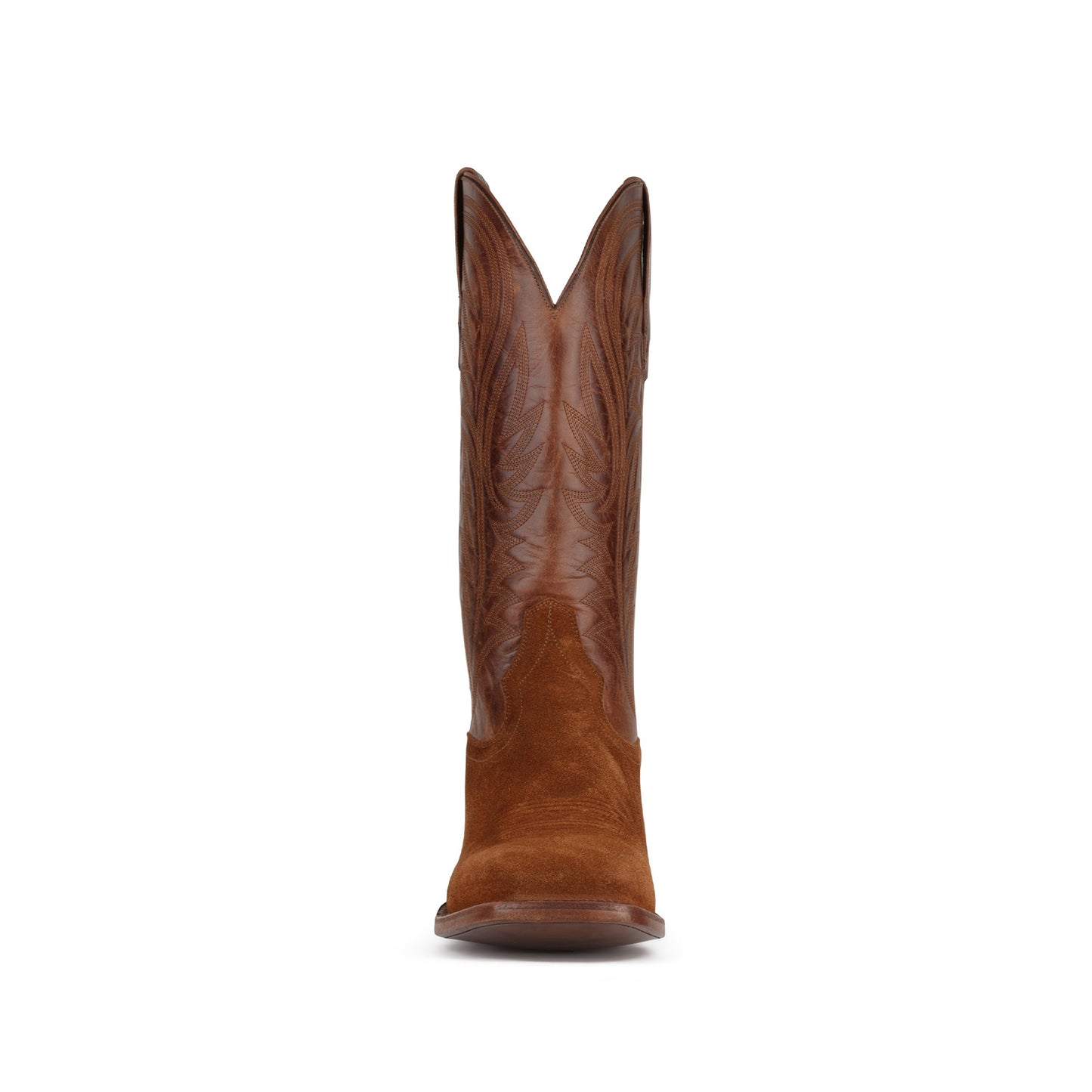 Contrast Brown And Caramel Square-Toe Embroidery Mid Calf Cowgirl Boots
