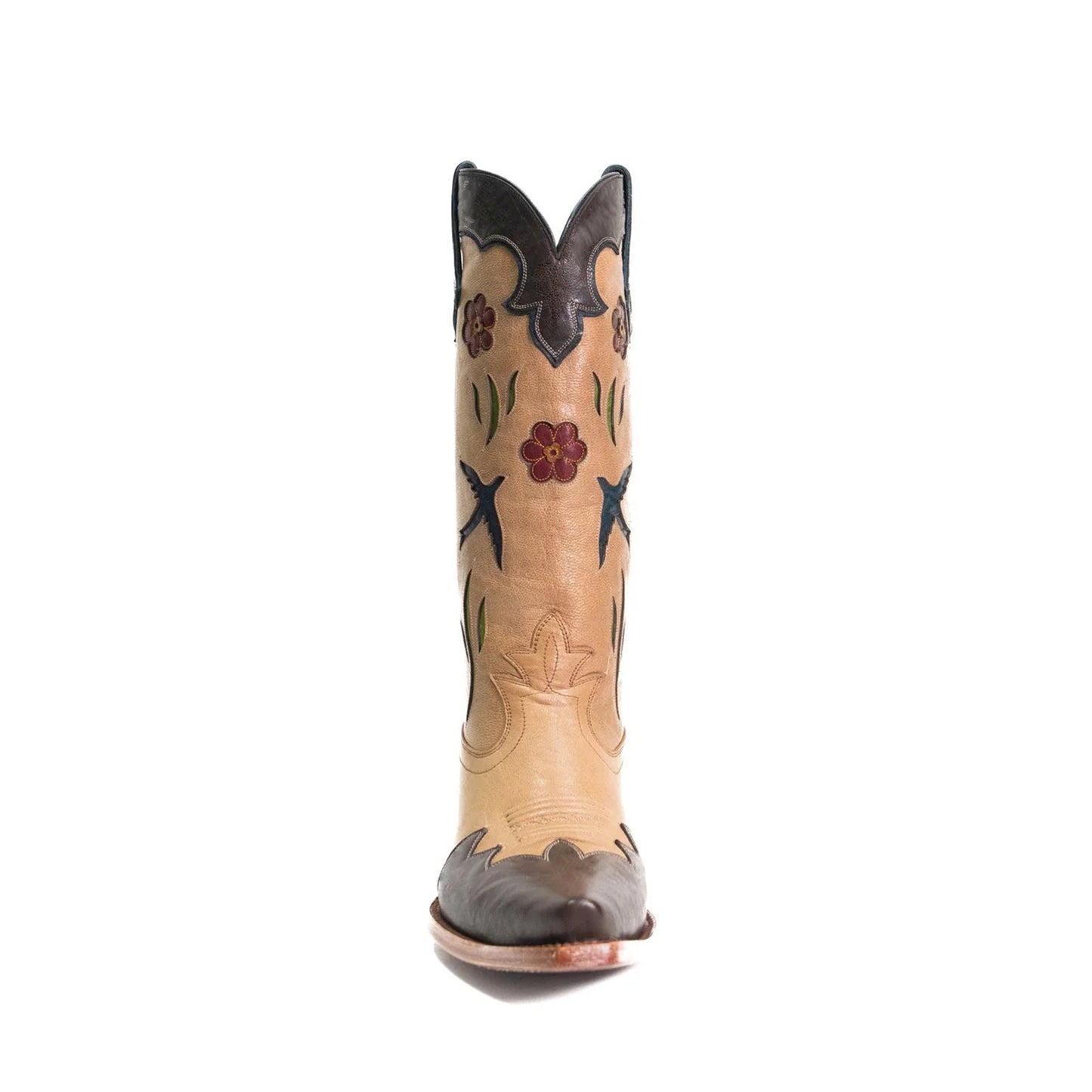 Contrast Camel And Chocolate Snip-Toe Birds Flowers Inlays Mid Calf Cowgirl Boots