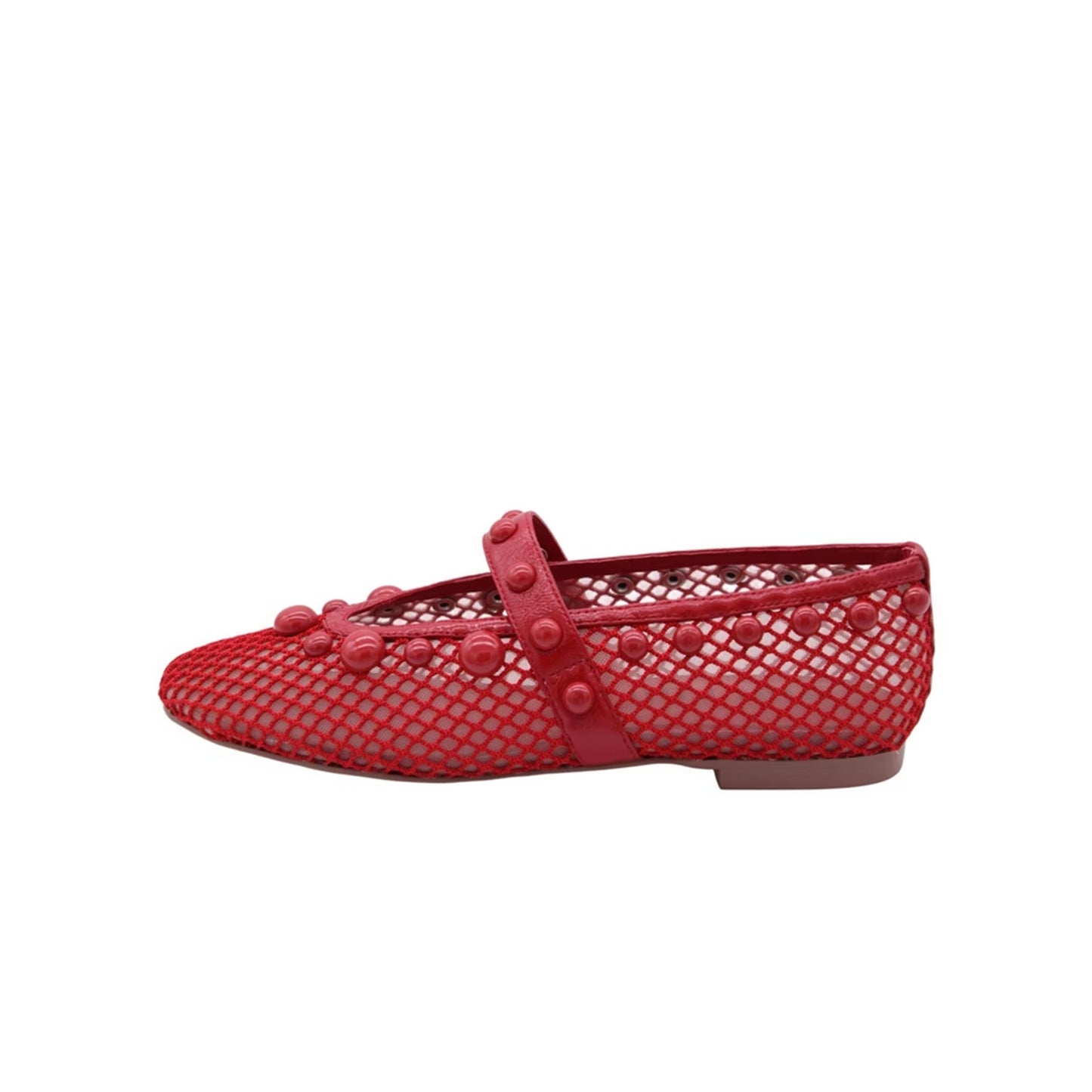 Red Mesh Square-Toe Studs And Mary Jane Ballet Flats