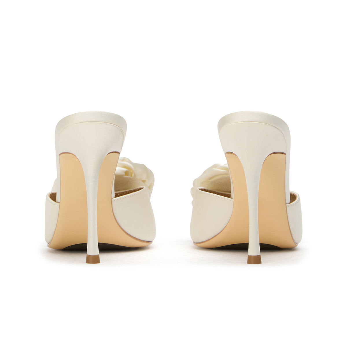 Ivory Satin Round-Toe Front Big Rose Backless High Heels