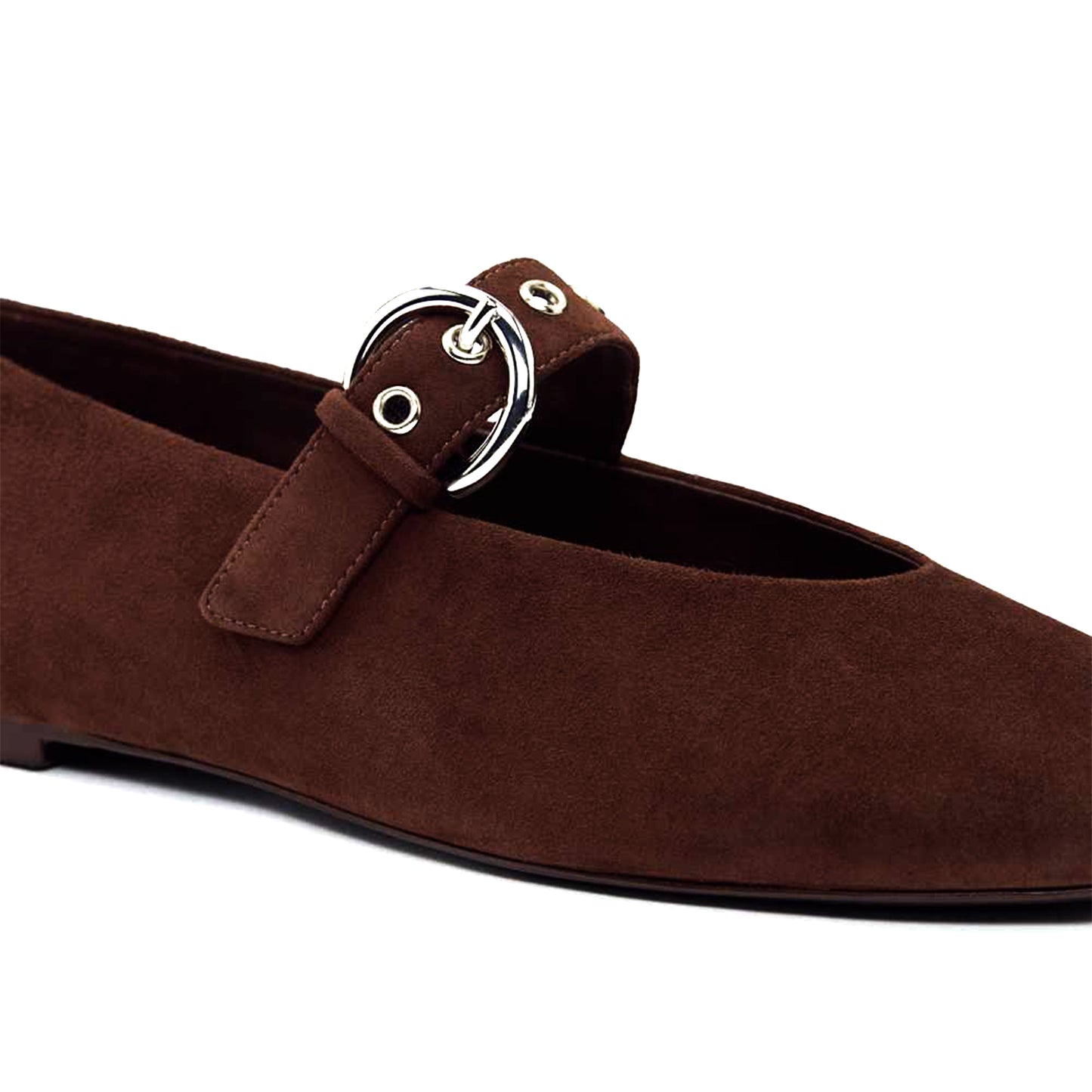 Coffee Faux Suede Square-Toe Classic Buckle Bridge Strap Ballet Flats