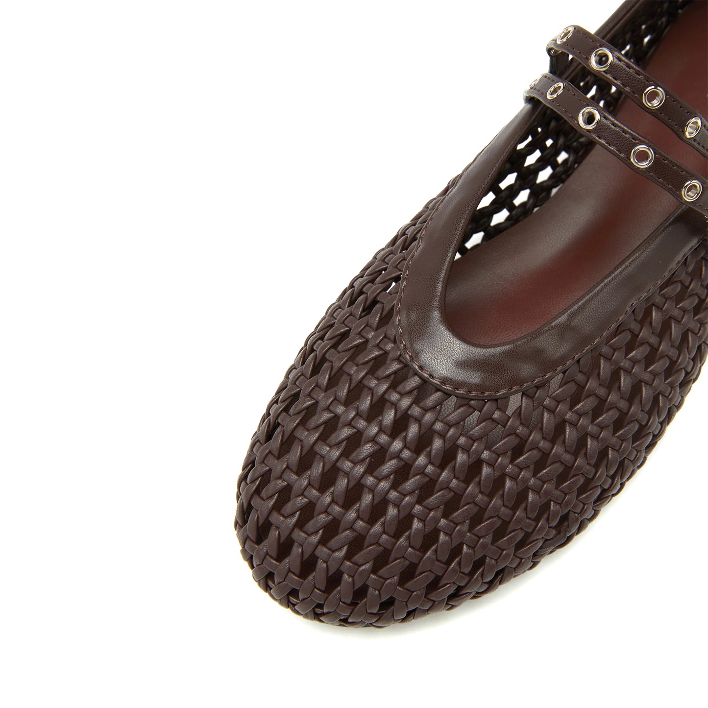 Coffee Woven Vegan Leather Round-Toe Buckle Mary Jane Classic Flats