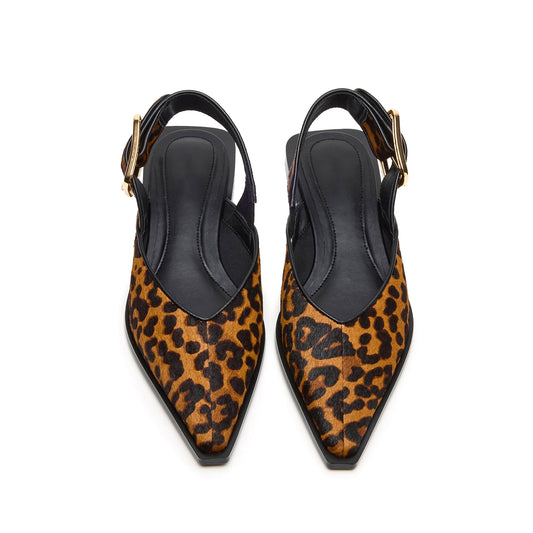 Leopard Pony Hair Pointed-Toe Slingback Buckle Flats