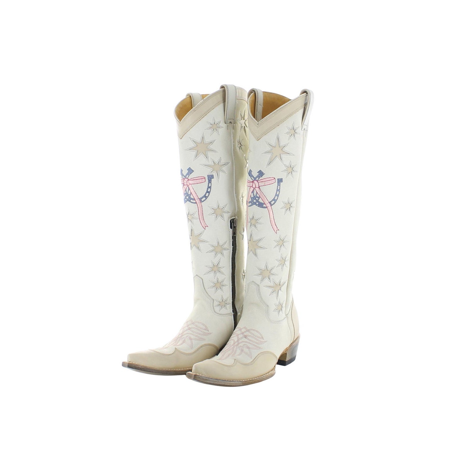 Contrast Cream And Bone Snip-Toe Stars Inlay Horseshoe And Bow Embroidery Half-Zip Knee High Cowgirl Boots