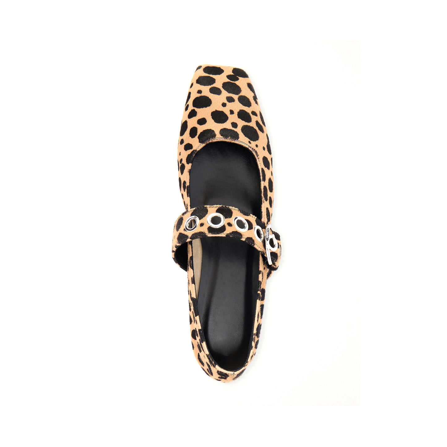 Cow Print Pony Hair Vegan Leather Square-Toe Mary Jane With Eyelets Flats