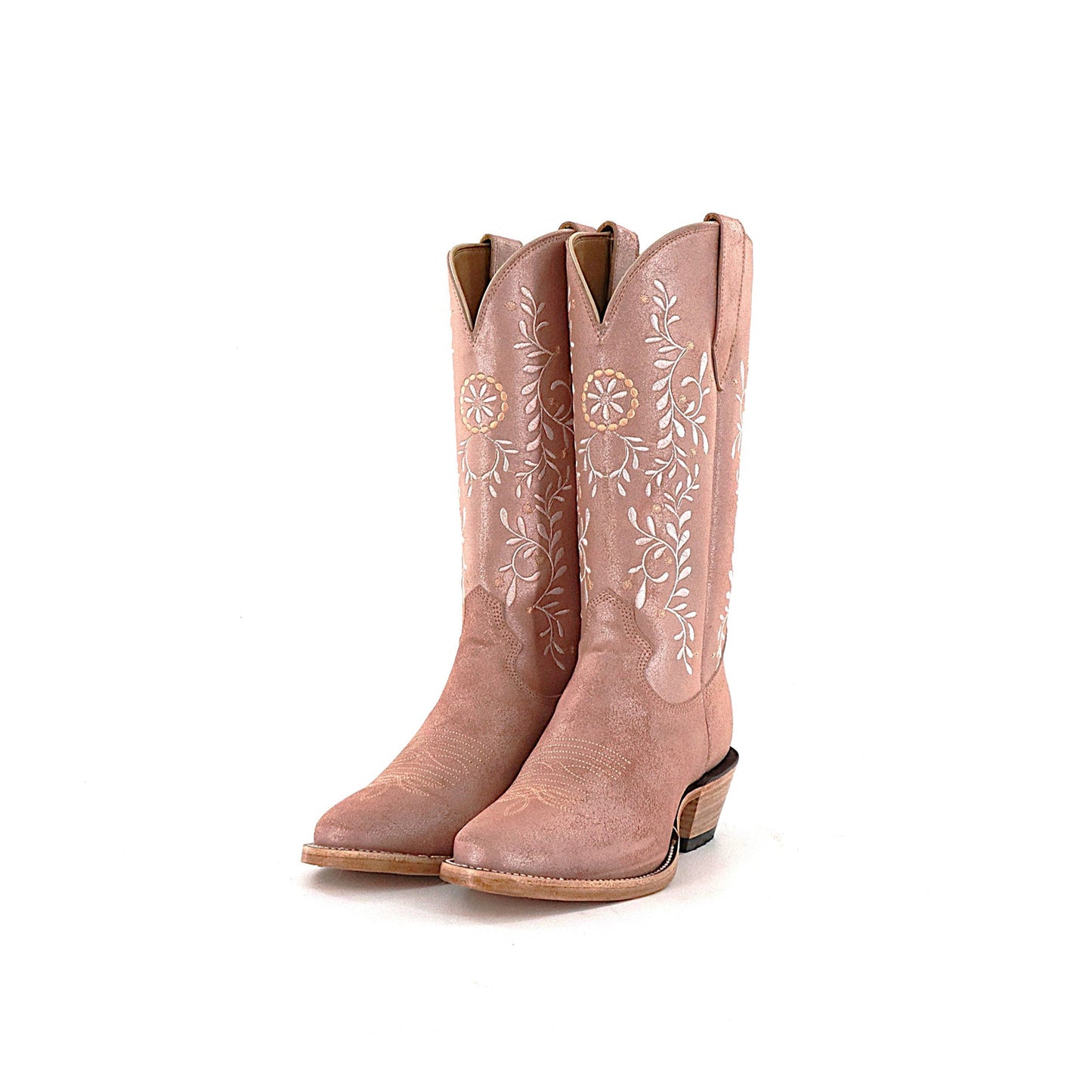 Rose Pink Round-Toe Leaves Embroidery Mid Calf Cowgirl Boots