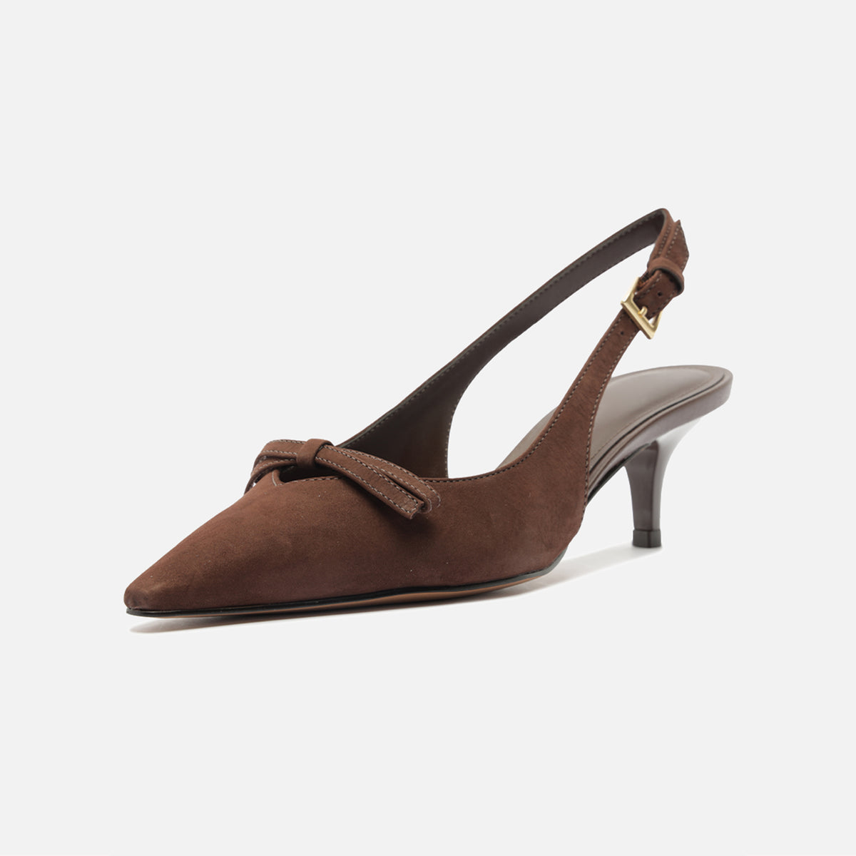 Coffee Faux Suede Chic Pointed-Toe Front Bow Buckle Slingback Kitten Heels