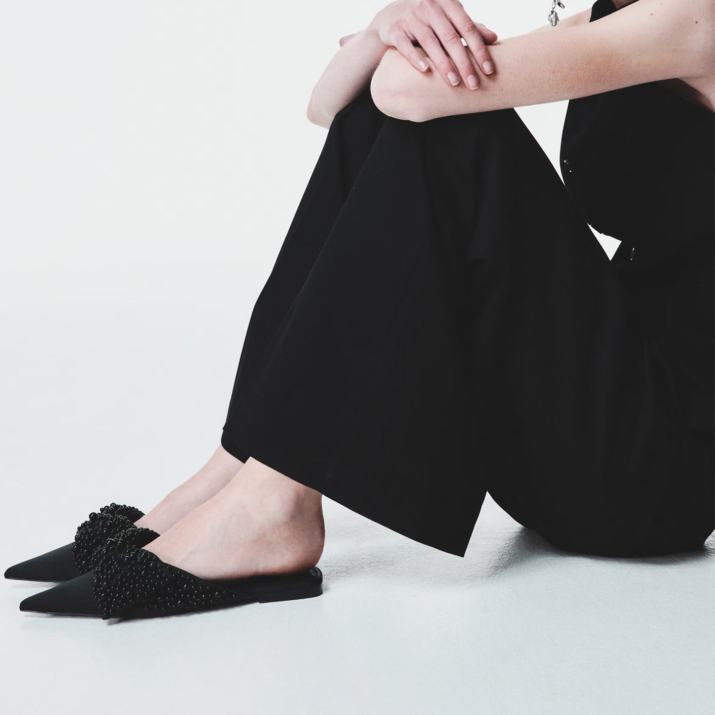 Black Satin Pointed-Toe Front Studded Bow Slip-On Flats