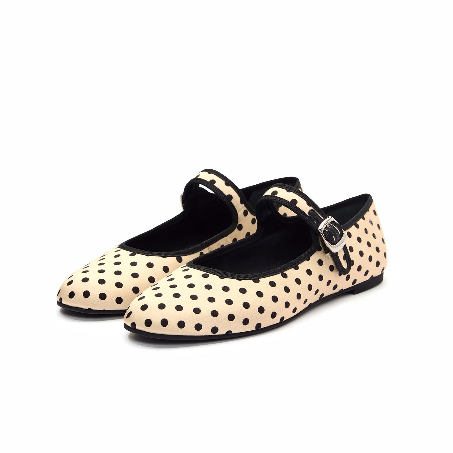 Cream Polka Dot Satin Round-Toe Bridge Buckle Strap Ballet Classic Flats
