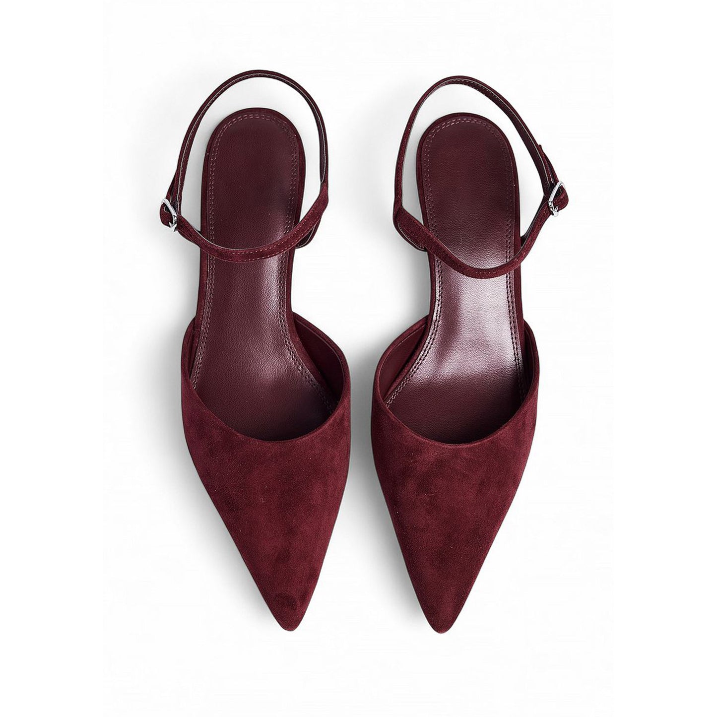 Burgundy Faux Suede Pointed-Toe Ankle Strap Kitten Heels Pumps