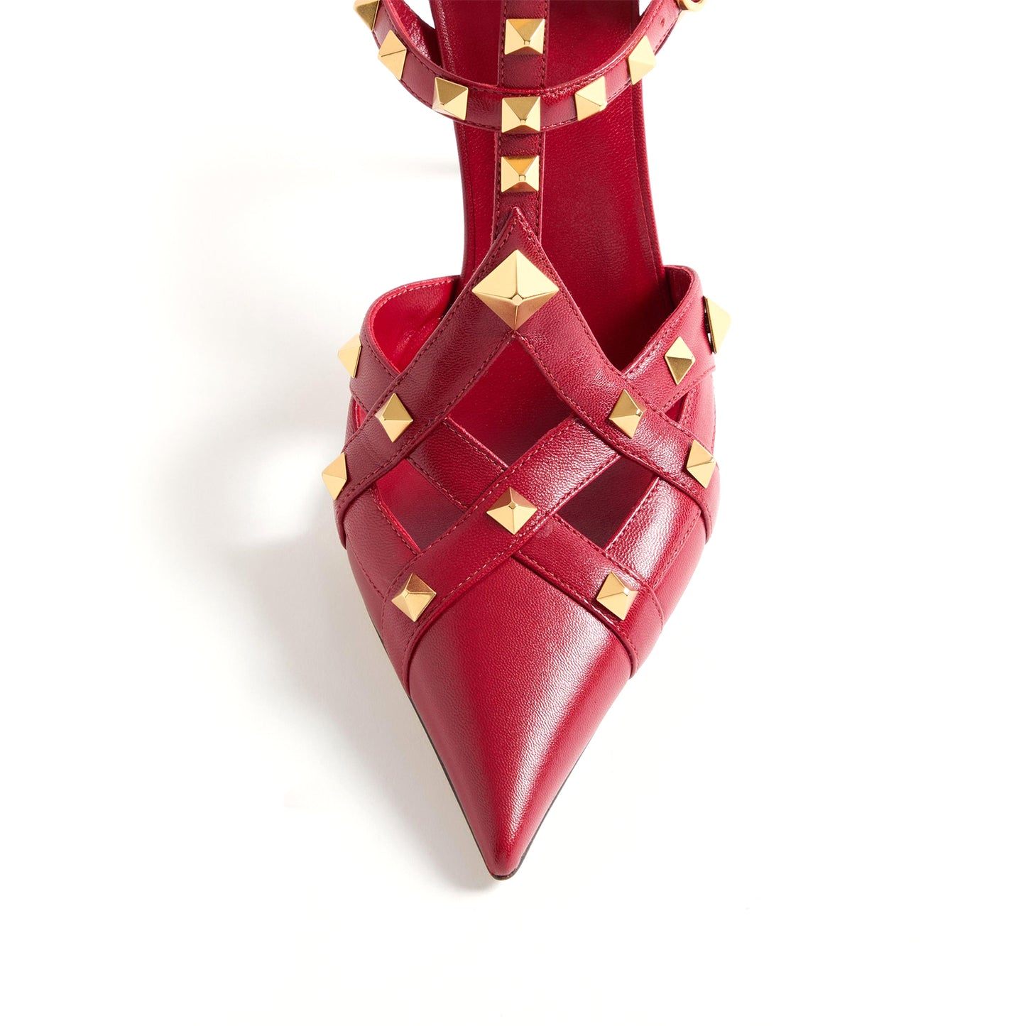 Red Pointed-Toe Studded Strappy Ankle Strap High Heels