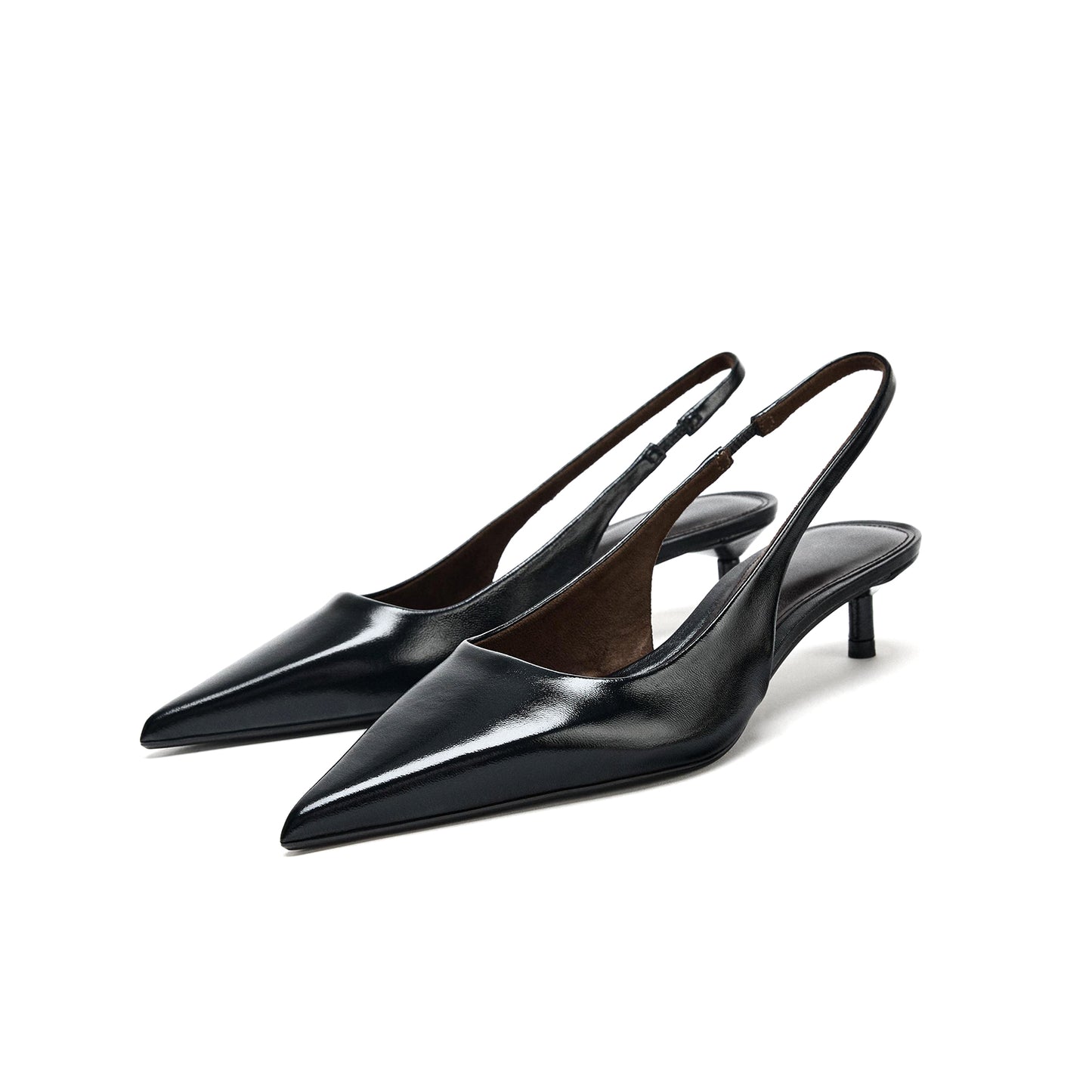 Black Pointed-Toe Elastic Slingback Kitten Heels